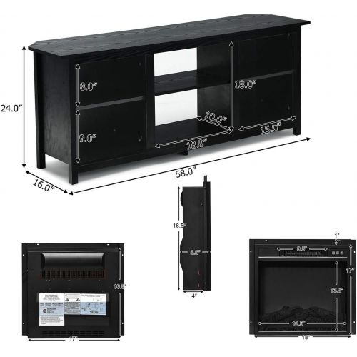  HPW Black TV Stand Entertainment Media Console Center 1400W 18 Electric Fireplace Mantel Insert Realistic Flame Effect 3 Levels Flame Brightness Operates with Or Without Heat Holds TVs