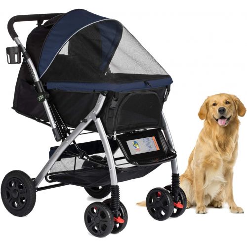  HPZ Pet Rover Premium Heavy Duty Dog/Cat/Pet Stroller Travel Carriage with Convertible Compartment/Zipperless Entry/Reversible Handlebar/Pump-Free Rubber Tires for Small, Medium, L