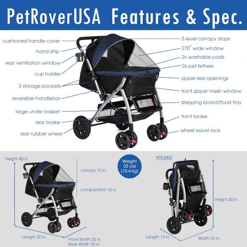  HPZ Pet Rover Premium Heavy Duty Dog/Cat/Pet Stroller Travel Carriage with Convertible Compartment/Zipperless Entry/Reversible Handlebar/Pump-Free Rubber Tires for Small, Medium, L