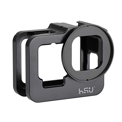  HSU Aluminum Frame Mount Housing Case with Lens Cover Compatible with Go Pro Hero 10/9 Black, Metal Housing Case with 52mm UV Filter (Black) - Thick Design