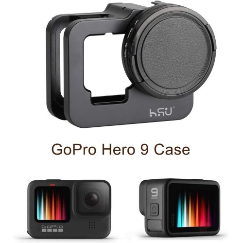  HSU Aluminum Frame Mount Housing Case with Lens Cover Compatible with Go Pro Hero 10/9 Black, Metal Housing Case with 52mm UV Filter (Black) - Thick Design