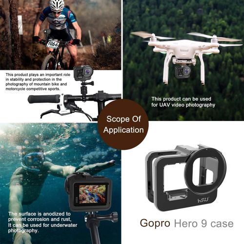  HSU Aluminum Frame Mount Housing Case with Lens Cover Compatible with Go Pro Hero 10/9 Black, Metal Housing Case with 52mm UV Filter (Black) - Thick Design