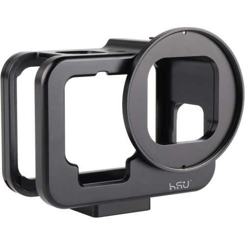  HSU Aluminum Frame Mount Housing Case with Lens Cover Compatible with Go Pro Hero 10/9 Black, Metal Housing Case with 52mm UV Filter (Black) ? Thin Design