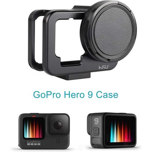  HSU Aluminum Frame Mount Housing Case with Lens Cover Compatible with Go Pro Hero 10/9 Black, Metal Housing Case with 52mm UV Filter (Black) ? Thin Design