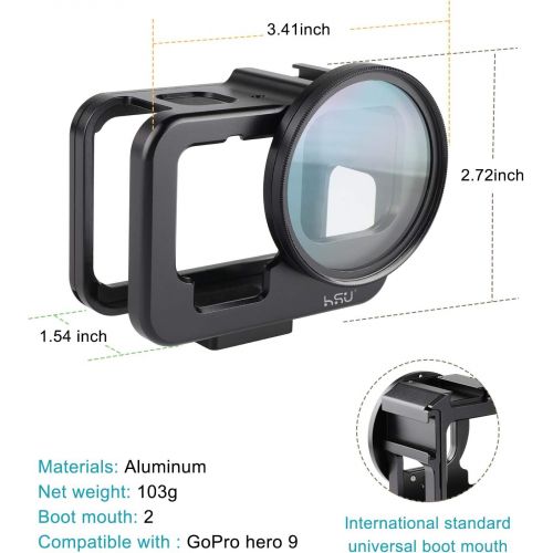  HSU Aluminum Frame Mount Housing Case with Lens Cover Compatible with Go Pro Hero 10/9 Black, Metal Housing Case with 52mm UV Filter (Black) ? Thin Design