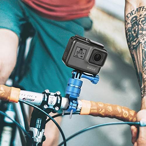  HSU Aluminum Bike Bicycle Handlebar Mount for Gopro Hero 10/9/8/7/6/5/4 Session SJCAM AKASO Campark and Other Action Cameras, 360 Degrees Rotary Mountain Bike Rack Mount (Blue)