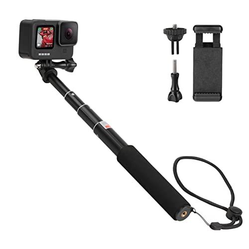  HSU Extendable Selfie Stick，Waterproof Hand Grip for GoPro Hero 10/9/8/7/6/5/4, Handheld Monopod Compatible with Cell Phones, AKASO Campark and Other Action Cameras