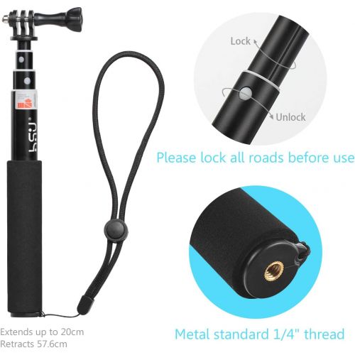  HSU Extendable Selfie Stick，Waterproof Hand Grip for GoPro Hero 10/9/8/7/6/5/4, Handheld Monopod Compatible with Cell Phones, AKASO Campark and Other Action Cameras