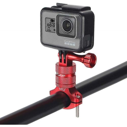  HSU Aluminum Bike Bicycle Handlebar Mount for Gopro Hero 10/9/8/7/6/5/4 Session AKASO Campark and Other Action Cameras, 360 Degrees Rotary Mountain Bike Rack Mount (Red)