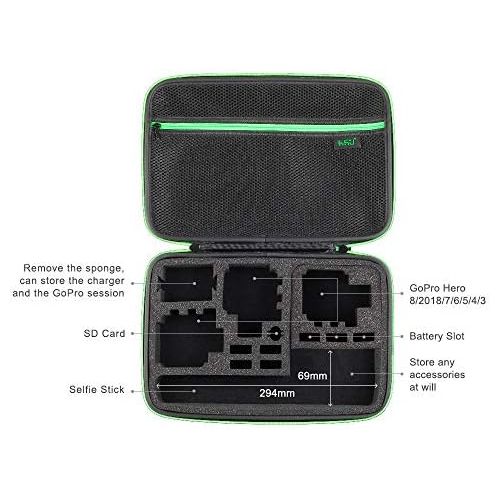  [아마존베스트]Large Carrying Case for GoPro Hero(2018), Hero 9, 8, 7 Black,HERO6,5,4, LCD, Black, 3+, 3, 2 and Accessories by HSU with Carry Handle and Carabiner Loop - Portable and Shock(Green