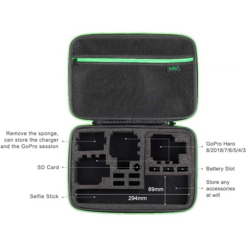  [아마존베스트]Large Carrying Case for GoPro Hero(2018), Hero 9, 8, 7 Black,HERO6,5,4, LCD, Black, 3+, 3, 2 and Accessories by HSU with Carry Handle and Carabiner Loop - Portable and Shock(Green