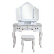 HTH STORE Tri Folding Vintage Vanity Makeup Dressing Table with 5 Drawers & Stool White MDF Material Unique Metal Drawer Pulls