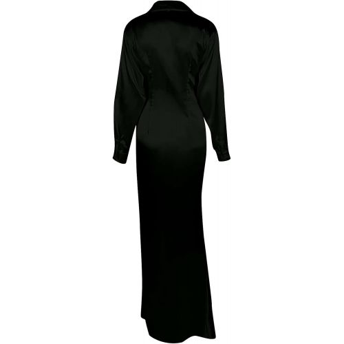  HTHJSCO Maxi Dresses for Women Casual Deep V Neck Solid Color Lapel Long Sleeve High Waist Split Boho Flowy Dress