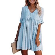 HTHJSCO Women Summer Dress V-Neck Polka Dot Short Sleeve Casual Solid Color Loose Flowy Swing Tunic Dresses