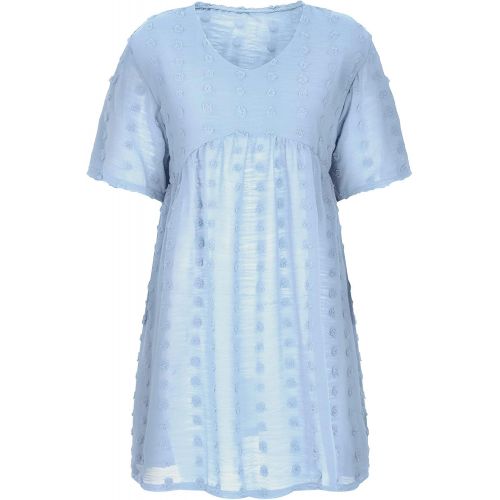  HTHJSCO Women Summer Dress V-Neck Polka Dot Short Sleeve Casual Solid Color Loose Flowy Swing Tunic Dresses