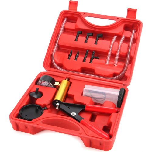  HTOMT 2 in 1 Brake Bleeder Kit Hand held Vacuum Pump Test Set for Automotive with Sponge Protected Case,Adapters,One-Man Brake and Clutch Bleeding System (Red)