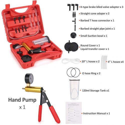  HTOMT 2 in 1 Brake Bleeder Kit Hand held Vacuum Pump Test Set for Automotive with Sponge Protected Case,Adapters,One-Man Brake and Clutch Bleeding System (Red)