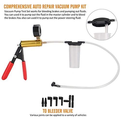  HTOMT 2 in 1 Brake Bleeder Kit Hand held Vacuum Pump Test Set for Automotive with Sponge Protected Case,Adapters,One-Man Brake and Clutch Bleeding System (Red)