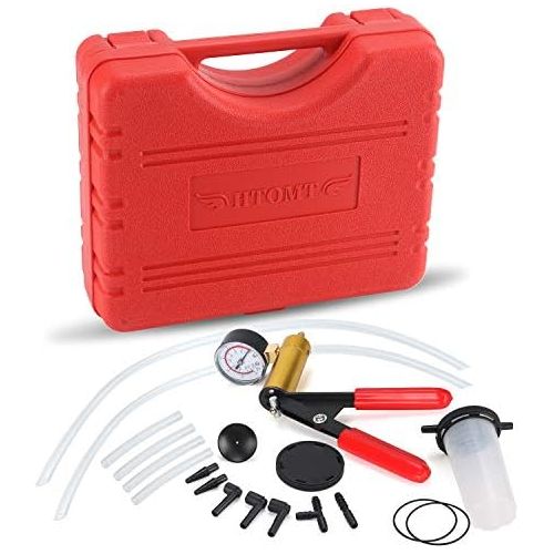  HTOMT 2 in 1 Brake Bleeder Kit Hand held Vacuum Pump Test Set for Automotive with Sponge Protected Case,Adapters,One-Man Brake and Clutch Bleeding System (Red)