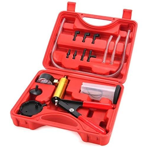  HTOMT 2 in 1 Brake Bleeder Kit Hand held Vacuum Pump Test Set for Automotive with Sponge Protected Case,Adapters,One-Man Brake and Clutch Bleeding System (Red)