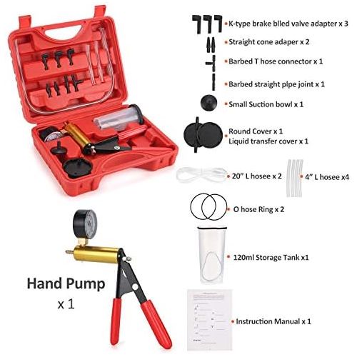  HTOMT 2 in 1 Brake Bleeder Kit Hand held Vacuum Pump Test Set for Automotive with Sponge Protected Case,Adapters,One-Man Brake and Clutch Bleeding System (Red)