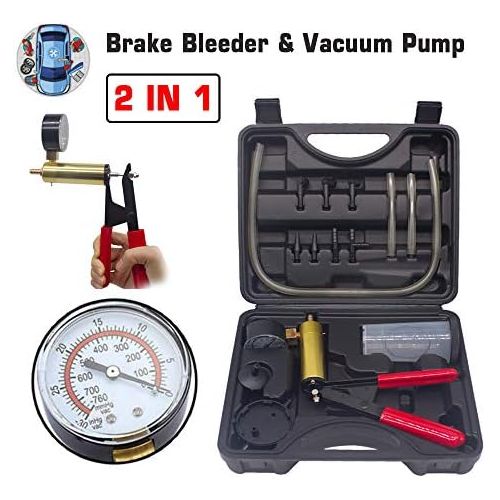  HTOMT 2 in 1 Brake Bleeder Kit Hand held Vacuum Pump Test Set for Automotive with Sponge Protected Case,Adapters,One-Man Brake and Clutch Bleeding System (Black)