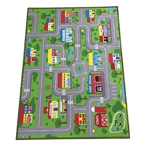  HUAHOO City Street Map Kids Rug with Roads Kids Rug Play mat with School Hospital Station Bank Hotel Book Store Government Workshop Farm for Boy Girl Nursery Bedroom Playroom Classroom (3