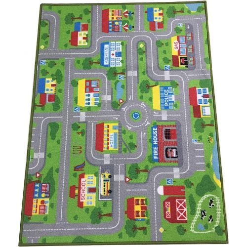  HUAHOO City Street Map Kids Rug with Roads Kids Rug Play mat with School Hospital Station Bank Hotel Book Store Government Workshop Farm for Boy Girl Nursery Bedroom Playroom Classroom (3