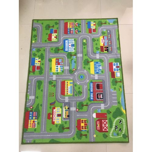  HUAHOO City Street Map Kids Rug with Roads Kids Rug Play mat with School Hospital Station Bank Hotel Book Store Government Workshop Farm for Boy Girl Nursery Bedroom Playroom Classroom (3