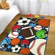 [아마존베스트]HUAHOO Blue Kids Rug Fun Sport Rugs Nylon Carpet Boys Girls Childrens Rug Balls Print with Soccer Ball, Basketball, Football, Tennis Ball Bedroom Playroom (80 x 120cm(31.5 x 47))