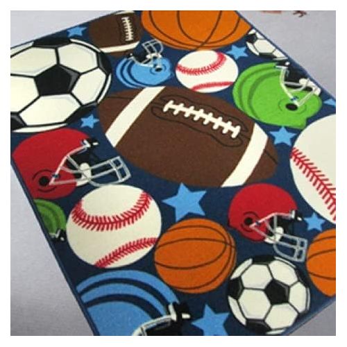  [아마존베스트]HUAHOO Blue Kids Rug Fun Sport Rugs Nylon Carpet Boys Girls Childrens Rug Balls Print with Soccer Ball, Basketball, Football, Tennis Ball Bedroom Playroom (80 x 120cm(31.5 x 47))