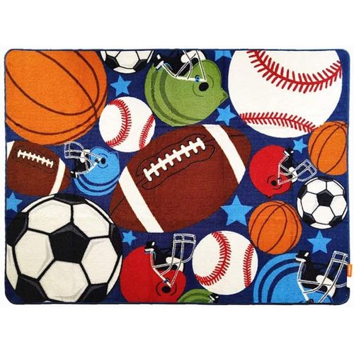  [아마존베스트]HUAHOO Blue Kids Rug Fun Sport Rugs Nylon Carpet Boys Girls Childrens Rug Balls Print with Soccer Ball, Basketball, Football, Tennis Ball Bedroom Playroom (80 x 120cm(31.5 x 47))