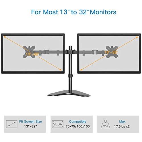  [아마존 핫딜] Dual Monitor Stand, Free Standing Height Adjustable Two Arm Monitor Mount for Two 13 to 32 inch LCD Screens with Swivel and Tilt, 17.6lbs per Arm by HUANUO