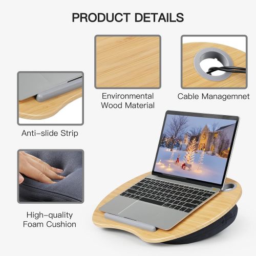  [아마존베스트]HUANUO Lap Desk - Fits up to 14 inch Slim Laptop, Laptop Stand with Pillow Cushion & Bamboo Grain Platform on Bed & Sofa, with Cable Hole & Anti-Slip Strip