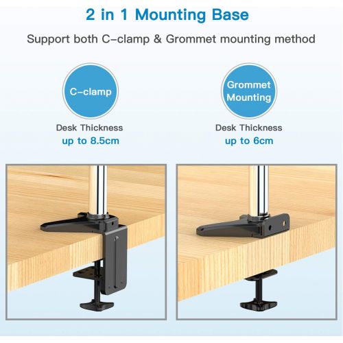  [아마존베스트]Huanuo Aluminium Monitor Holder, 2 Monitors, Height Adjustable Gas Lift Arm, 360° Rotatable for 15 to 27 Inch LED LCD Screens with C Clamp & Cable Management