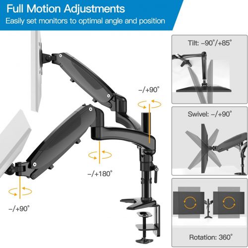  HUANUO Dual Arm Monitor Stand - Height Adjustable Gas Spring Desk VESA Mount for Two 15 to 27 Inch Computer Screen with 2 in 1 Mounting Base