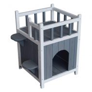 HUASHENGXU Wooden Cat Pet Home with Balcony Pet House Small Dog Indoor Outdoor Shelter Gray & White