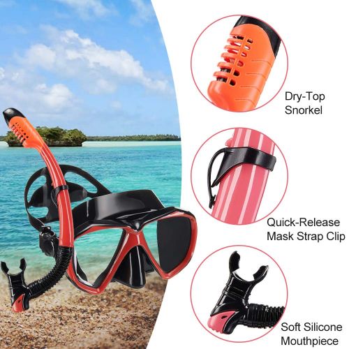  HUBO SPORTS Snorkel Set, Snorkel Mask with Tempered Glass,Diving Mask with Impact Resistant Panoramic View Anti-Fog Leak-Proof Snorkeling Mask,Carry Bag Included