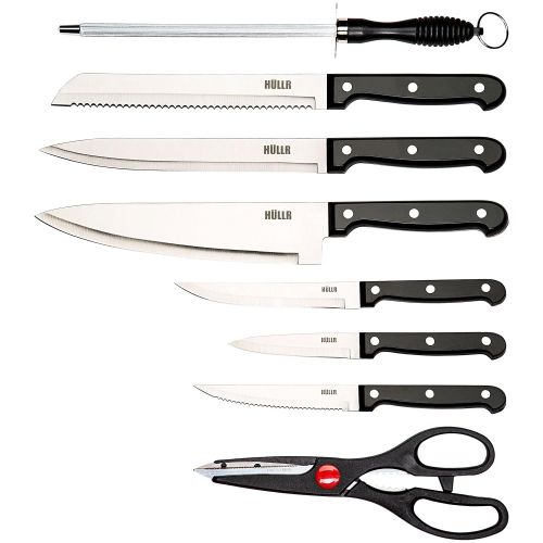  HUELLR HULLR 14 Piece Kitchen Knife Set with Wooden Block, Stainless Steel Chef Knife Bread Knife Slicing Knife Utility Knife Paring Knife Steak Knives Sharpening Rod and Scissors