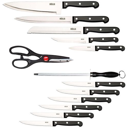  HUELLR HULLR 14 Piece Kitchen Knife Set with Wooden Block, Stainless Steel Chef Knife Bread Knife Slicing Knife Utility Knife Paring Knife Steak Knives Sharpening Rod and Scissors