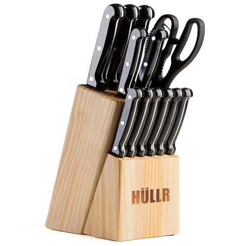  HUELLR HULLR 14 Piece Kitchen Knife Set with Wooden Block, Stainless Steel Chef Knife Bread Knife Slicing Knife Utility Knife Paring Knife Steak Knives Sharpening Rod and Scissors