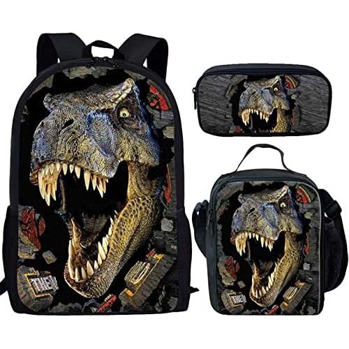  HUGS IDEA T-rex Dinosaur Backpack Teen Boys School Book bag with Lunch Box Pen Case 3 in 1