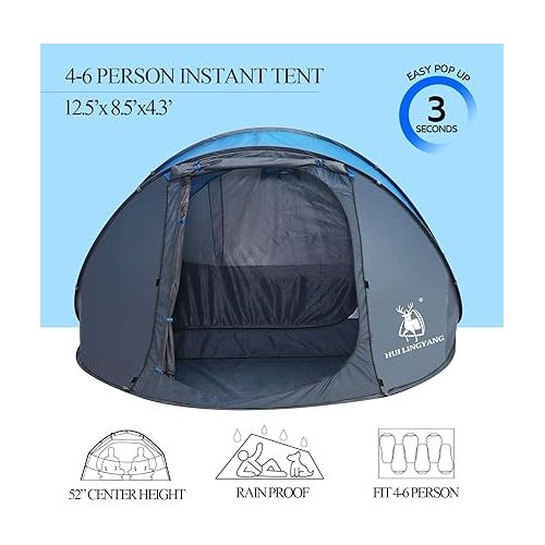  6 Person Easy Pop Up Tent,12.5’ x 8.5‘ x53.5,Automatic Setup,Waterproof, Double Layer,Instant Family Tents for Camping,Hiking & Traveling