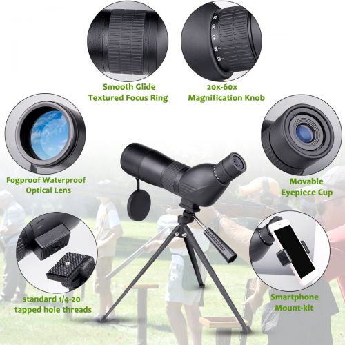  HUICOCY Spotting Scope,Huicocy 20-60x60mm Zoom 39-19m1000m Fully Multi Coated Optical Lens Fogproof and Movably Eyepiece Rubber Design Telescope with Quick Smartphone Mount Kit and Tablet