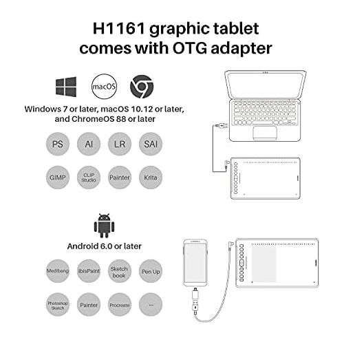  [아마존베스트]HUION Inspiroy H1161 Professional Graphics Tablet (Supports Android Devices) 11 x 6.875 Inch with 10 Custom Express Buttons and a Touch Strip Ideal for Home Office & E-Learning