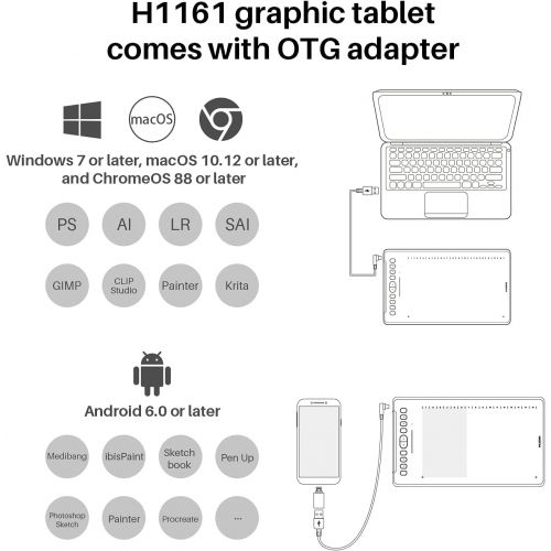  [아마존베스트]HUION Inspiroy H1161 Professional Graphics Tablet (Supports Android Devices) 11 x 6.875 Inch with 10 Custom Express Buttons and a Touch Strip Ideal for Home Office & E-Learning