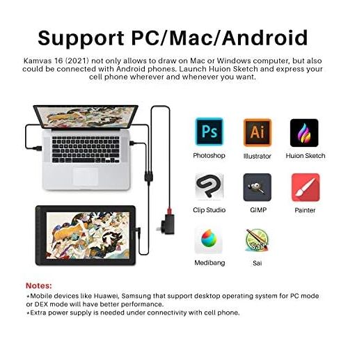  [아마존베스트]HUION 2020 Kamvas 13 Android Support Graphics Tablet with Display Drawing Tablet with ± 60° Tilt Function Battery-free Pen 8 Express Buttons Adjustable Stand - 13.3 Inches Black