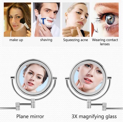  HUMAKEUP Bathroom Shaving Mirror with LED Light and 3X Magnifying Glass Touch Screen Retractable Extension Bracket Double Chrome Round Wall Mirror 8/9inch (Size : 9inch)