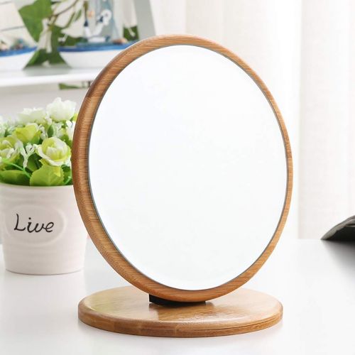  HUMAKEUP Bamboo Desktop Makeup Mirror High Definition Real Single Side Dressing Mirror for Bedroom Dressing Table Dressing Room (Design : Round)