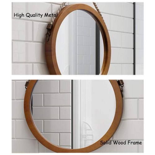  HUMAKEUP Modern Round Wall Mirror Hemp Rope Wooden Frame Makeup Hanging Mirror Home Decoration for Entrance Channel Bathroom Living Room Study (Size : Diameter 80cm)